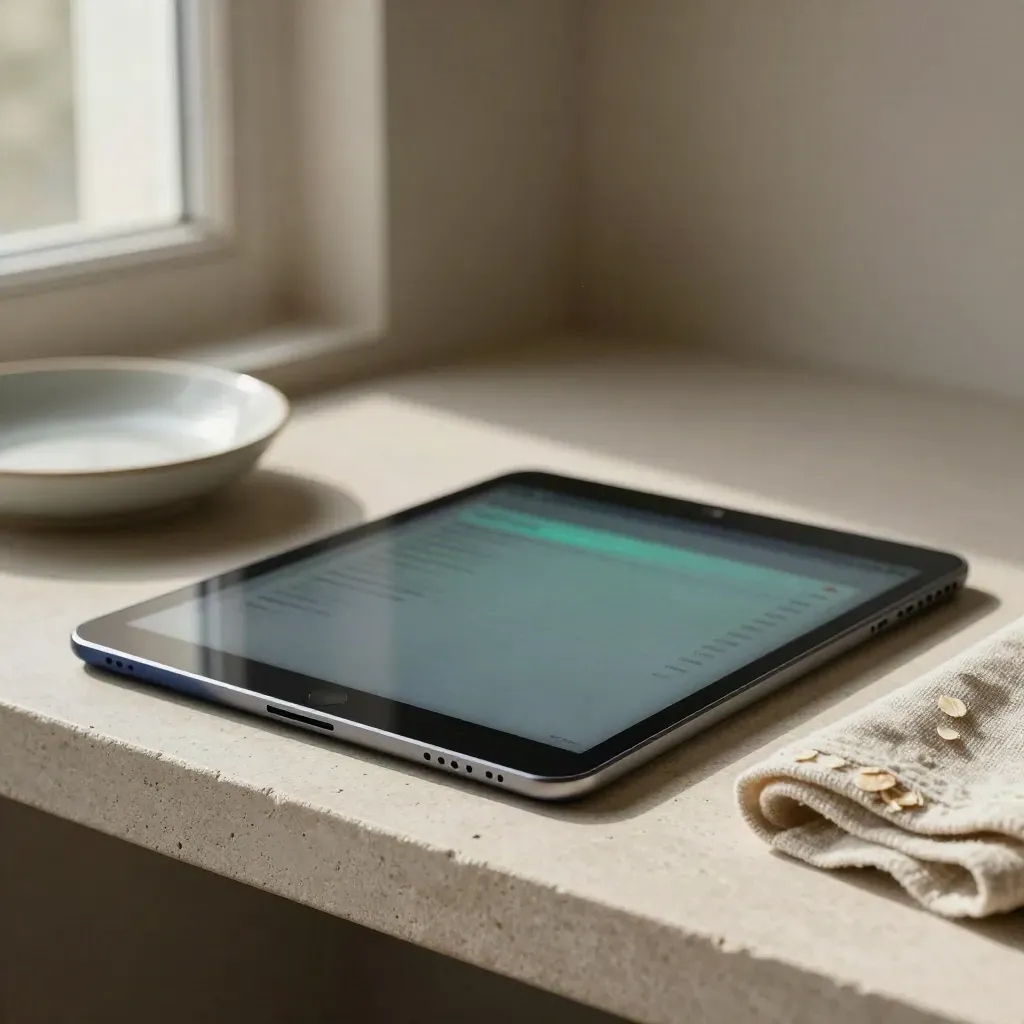 Doğrulama ekranlı tablet, seramik tabak ve keten kumaşlı teknik düz kompozisyon.